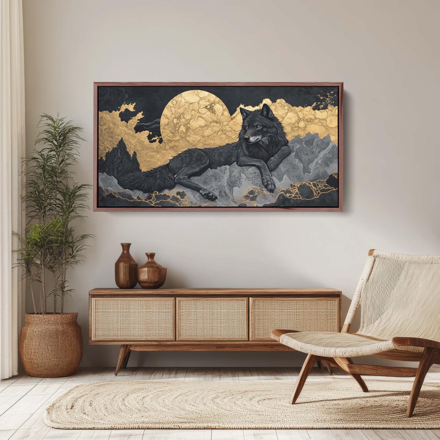 Lone Wolf Contemporary, Black and Gold Wolf, Wolf Moon