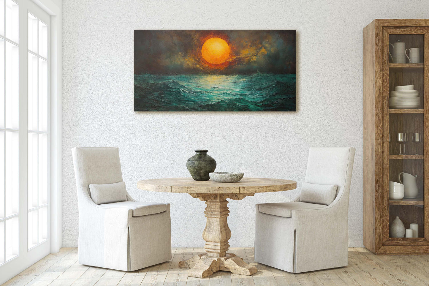 Dark Sunset, Orange Sun, Green Sea, Dark Colors, Moody Print