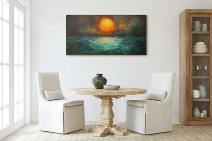 Dark Sunset, Orange Sun, Green Sea, Dark Colors, Moody Print