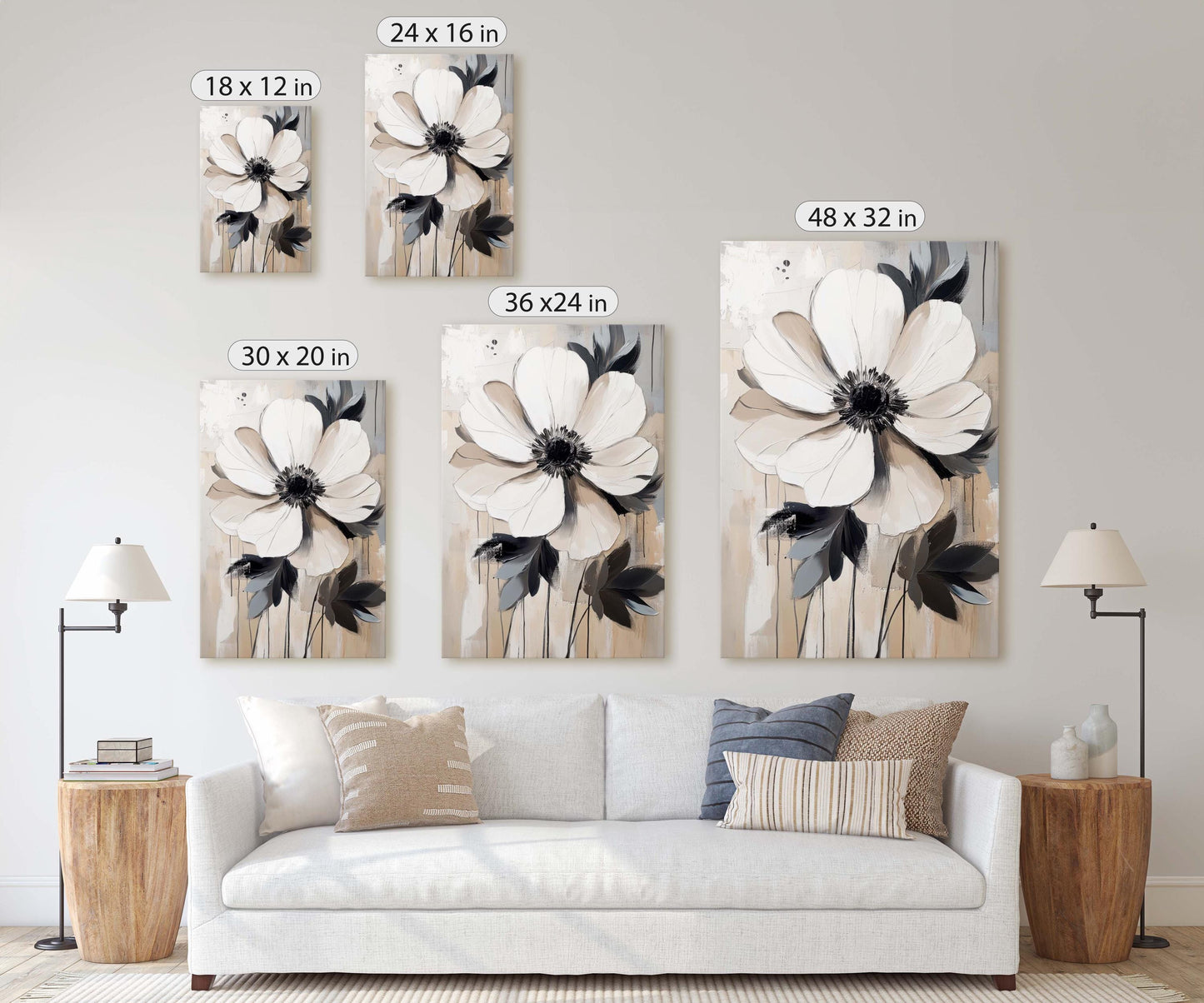 Modern Flower, Contemporary Art, Flower Painting, Black White Beige