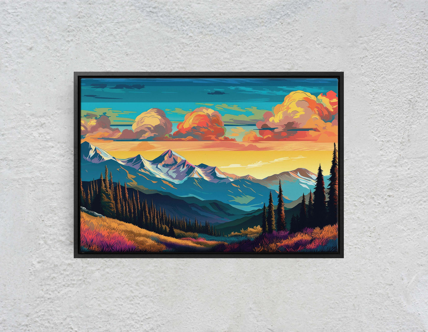 Cloud Mountains on Canvas, Flat Illustration, Sunset Colors, Sunrise Scene, Mountain Range, National Park, Abstract Art, Drawing, Framed