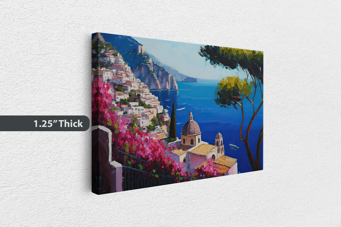 Italy Amalfi Coast, Seaside Coast, Colorful, Flowers Canvas, Coastline, Large Print, Painting, Landscape, Ocean Side, Beautiful View