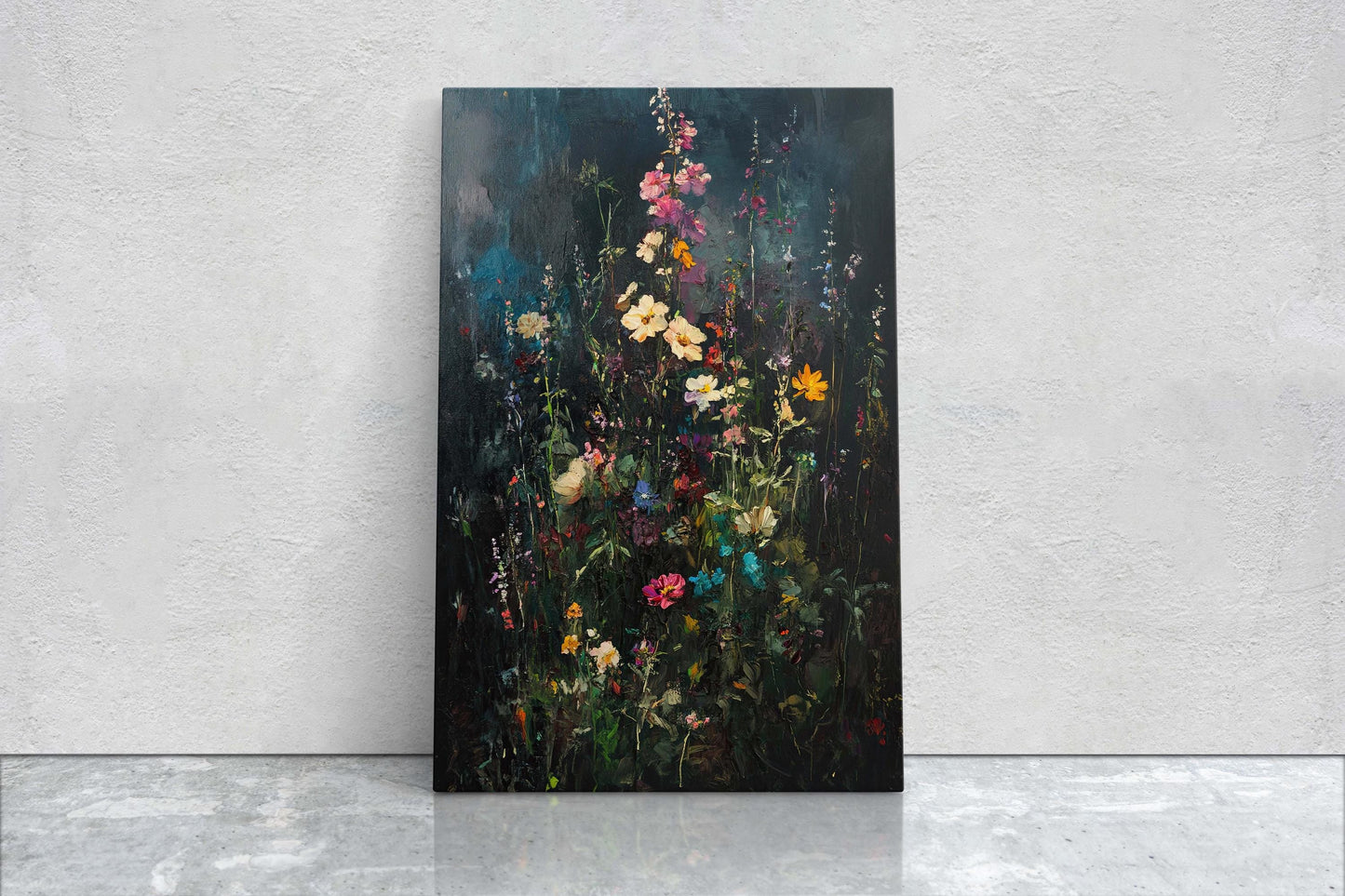 Dark Wildflowers, Black Canvas, Floral Print, Flower Decor