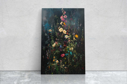 Dark Wildflowers, Black Canvas, Floral Print, Flower Decor