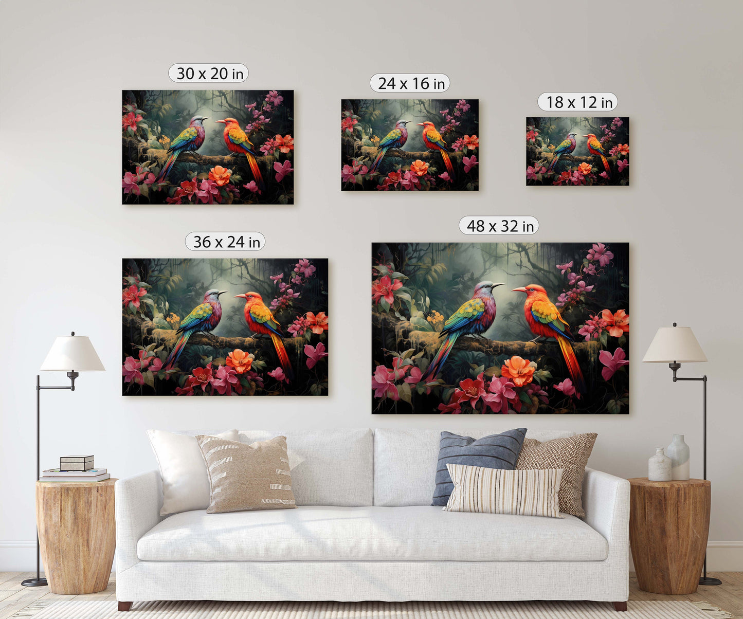 Jungle Bird Painting, Jungle Art, Green Jungle, Framed Canvas, Large Print, Beautiful Bird, Flower Jungle, Tropical Forest, Rainforest Art