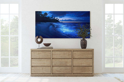 Starry Beach, Night Beach Art, Coast Painting, Blue Glow