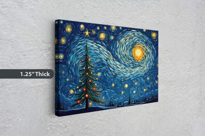 Starry Night Christmas, Christmas Tree, Pine Tree, Winter Decor, Festive Art, X-mas Print, Framed Canvas