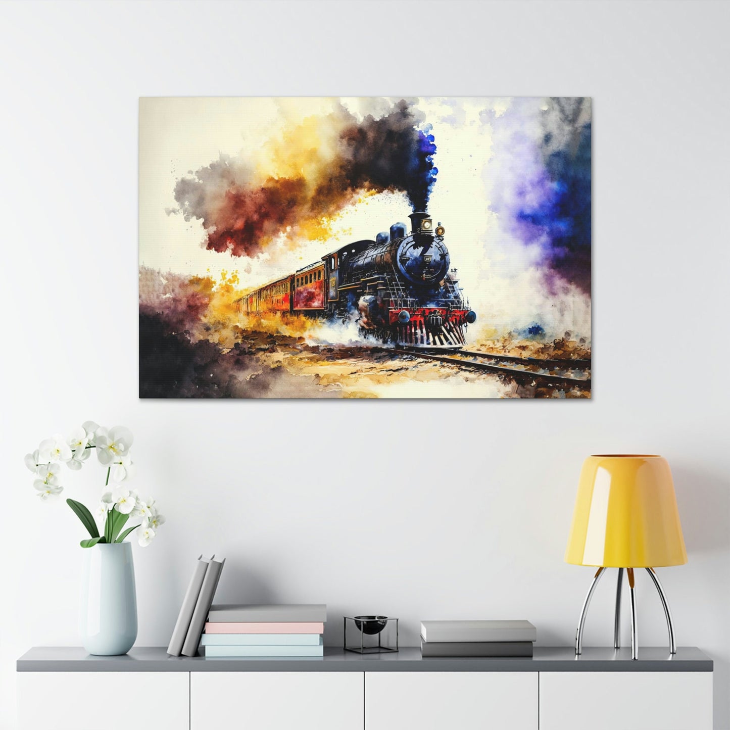 Train Watercolor Canvas Art Ready To Hang Large Print, Oil Painting, Colorful, Water Color, Steam
