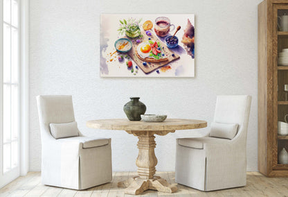 Watercolor Breakfast Canvas Art Ready To Hang Large Print, Oil Painting, Colorful, Eggs, Water Color, kitchen