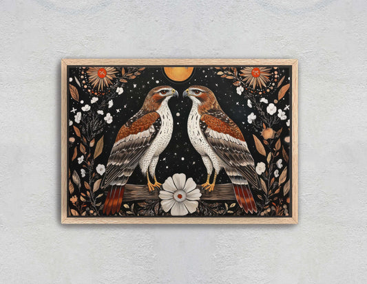 Red Tailed Hawk, Folk Art, Celestial Art, Cottagecore, Framed Canvas, Dark Print, Nature Print
