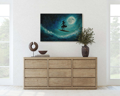 Surfing Witch, Whimsical Halloween, Full Moon, Flying Witch, Gothic Art, Fun Halloween, Whimsy, Funny Art