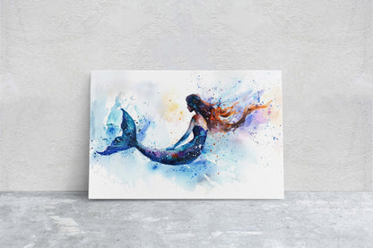 Watercolor Mermaid, Fantasy Creature, Ocean Art, White and Blue, Bathroom Decor, Framed Canvas, Large Art Print, Mystical, Impressionism