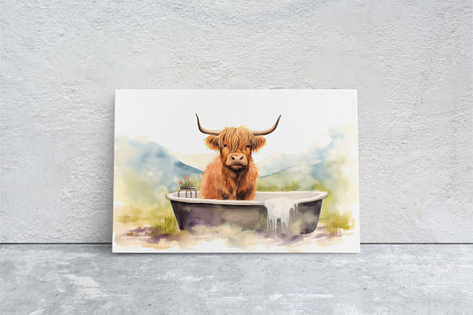 Highland Cow on Canvas, Cow Bathtub, Bathroom Decor, Scottish Cow, Bovine Art, Powder Room, Barn Style, Fun Art, Farm Print, Oversized Art