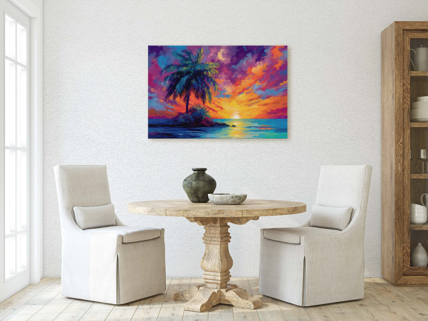 Vivid Palm Sunset on Canvas, Palm Tree Dusk, Evening Ocean View, Oceanside, Colorful Beach, Framed Canvas, Watercolor, Painting