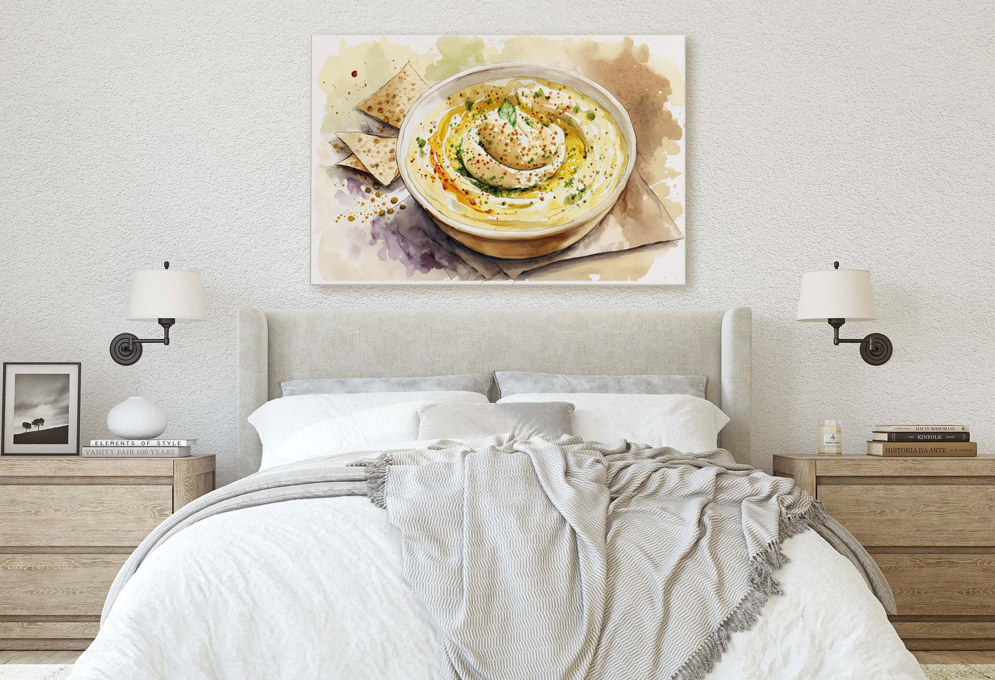 Hummus and Pita, chickpea, Ready To Hang, Large Print, Watercolor Painting, Dining Room, Kitchen Art, Restaurant Art, Mediterranean Food