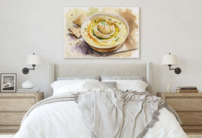Hummus and Pita, chickpea, Ready To Hang, Large Print, Watercolor Painting, Dining Room, Kitchen Art, Restaurant Art, Mediterranean Food