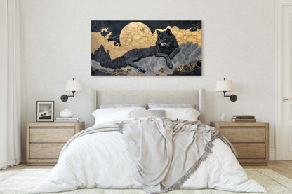 Lone Wolf Contemporary, Black and Gold Wolf, Wolf Moon