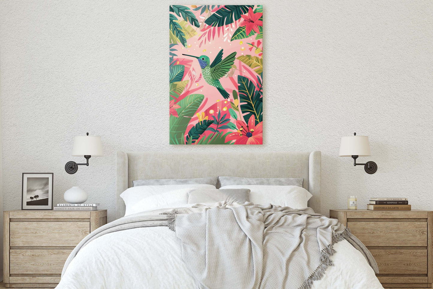 Hummingbird Illustration, Framed Canvas, Tropical Art, Maximalist Jungle, Botanical Print, Bold Eclectic, Pink Art