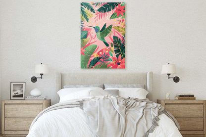 Hummingbird Illustration, Framed Canvas, Tropical Art, Maximalist Jungle, Botanical Print, Bold Eclectic, Pink Art
