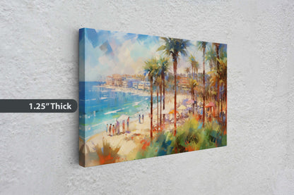 Watercolor Beach on Canvas, Beach Town, Ocean Resort, Tropical Vacation, Beach front, Water Sunset, Palm Trees, Blue Water