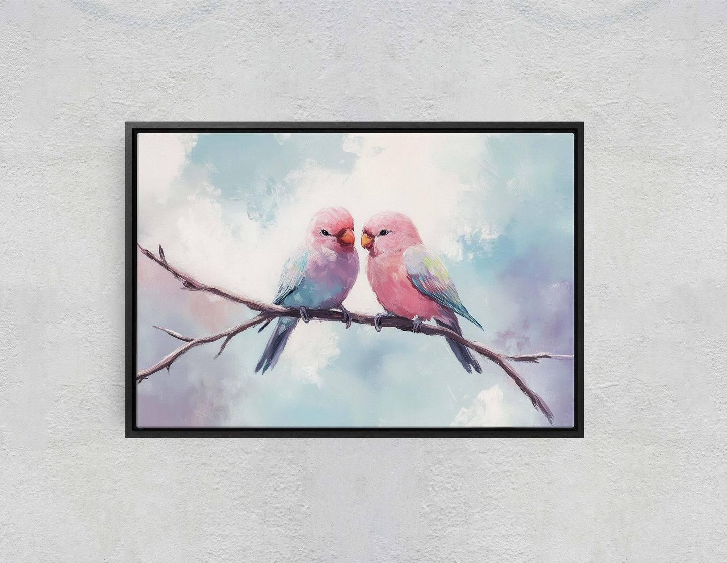 Love Birds, Love At First Sight, Bird Art Print, Pastel Colors, Blue Pink Purple