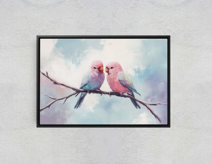 Love Birds, Love At First Sight, Bird Art Print, Pastel Colors, Blue Pink Purple