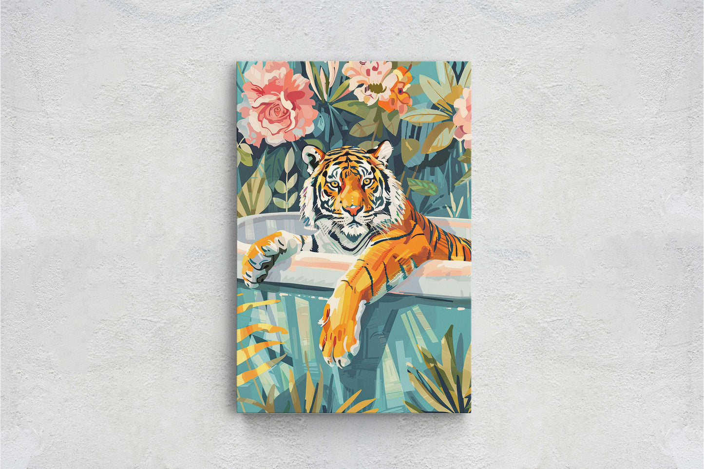 Tiger Bathtub, Maximalist Art, Dopamine Decor, Pink Kitsch, Bathroom Art, Framed Canvas, Large Art print, Dorm Decor