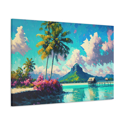 Bora Bora Canvas Art Ready To Hang Large Print, Colorful, Polynesia, Bright Beach. Mountain