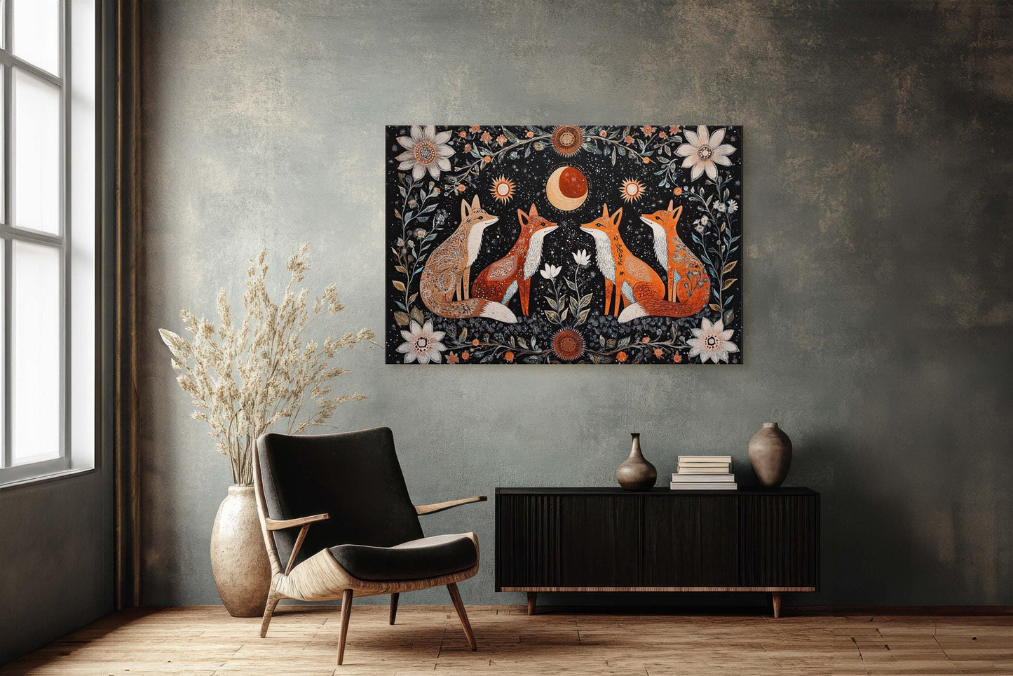 Fox Folk Art, Celestial Art, Fox Art, Nature print, Canvas print