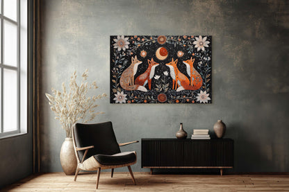 Fox Folk Art, Celestial Art, Fox Art, Nature print, Canvas print