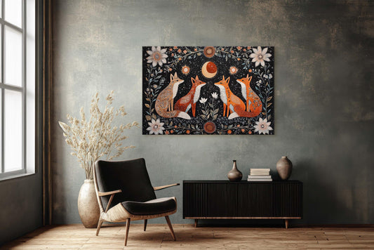 Fox Folk Art, Celestial Art, Fox Art, Nature print, Canvas print
