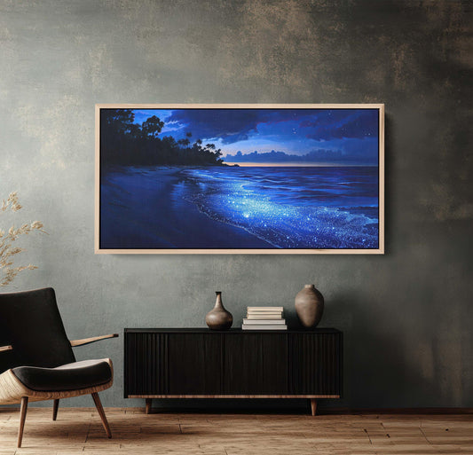 Starry Beach, Night Beach Art, Coast Painting, Blue Glow