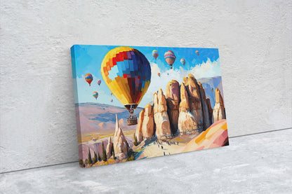 Cappadocia Turkey, Hot Air Balloons,Canvas Art Large Print,Painting, Landscape, Rock Spire, Cliff Art, Bright, Vivid, Colorful