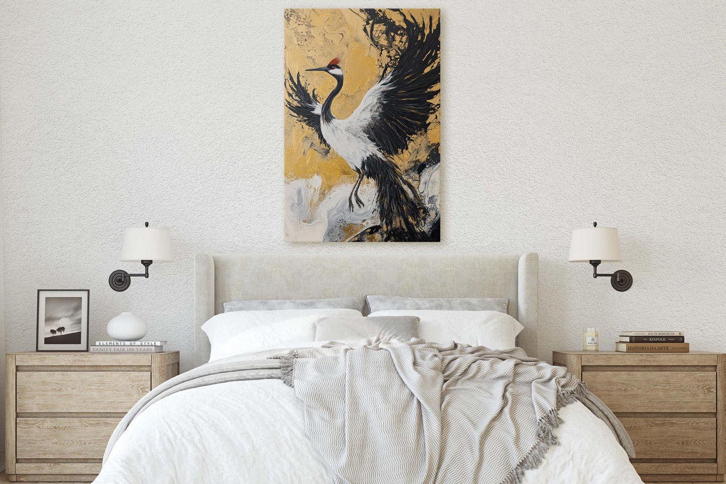 Japanese Crane, Gold Crane, Wabi Sabi, Bird Print, Japandi