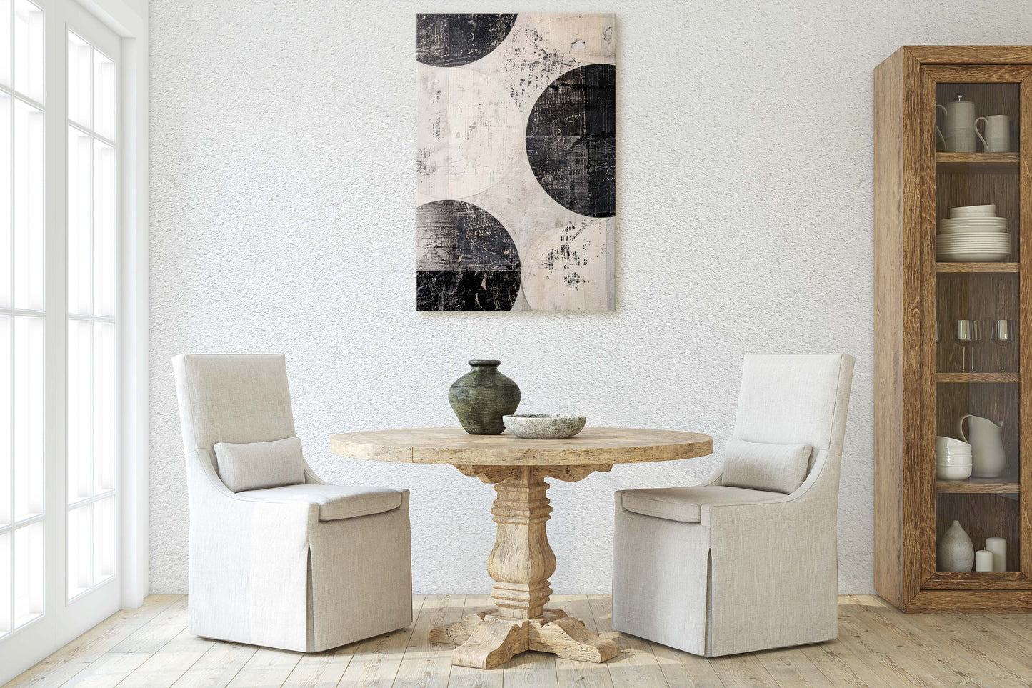 Wabi Sabi Artwork, Minimalist Circles, Neutral Tones, Black and White, Extra Large Print, Framed Canvas, Abstract, Texture