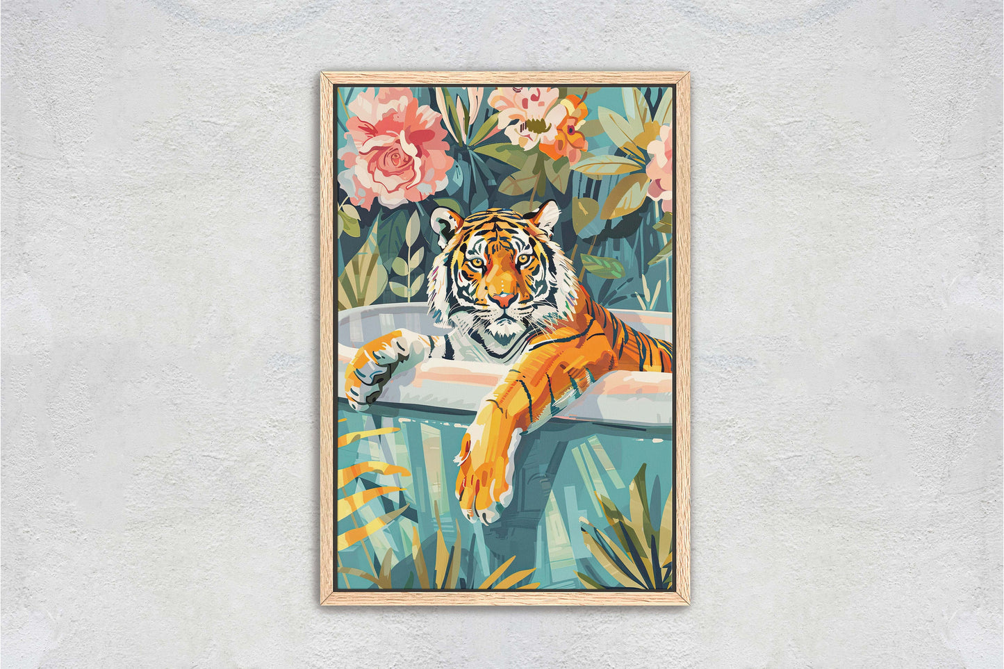 Tiger Bathtub, Maximalist Art, Dopamine Decor, Pink Kitsch, Bathroom Art, Framed Canvas, Large Art print, Dorm Decor