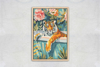 Tiger Bathtub, Maximalist Art, Dopamine Decor, Pink Kitsch, Bathroom Art, Framed Canvas, Large Art print, Dorm Decor