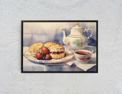 Tea and Scones, Watercolor, Food Painting, Kitchen Decor, Large Canvas, Ready to Hang, Dining Room, Canvas Print, Teapot, Baking