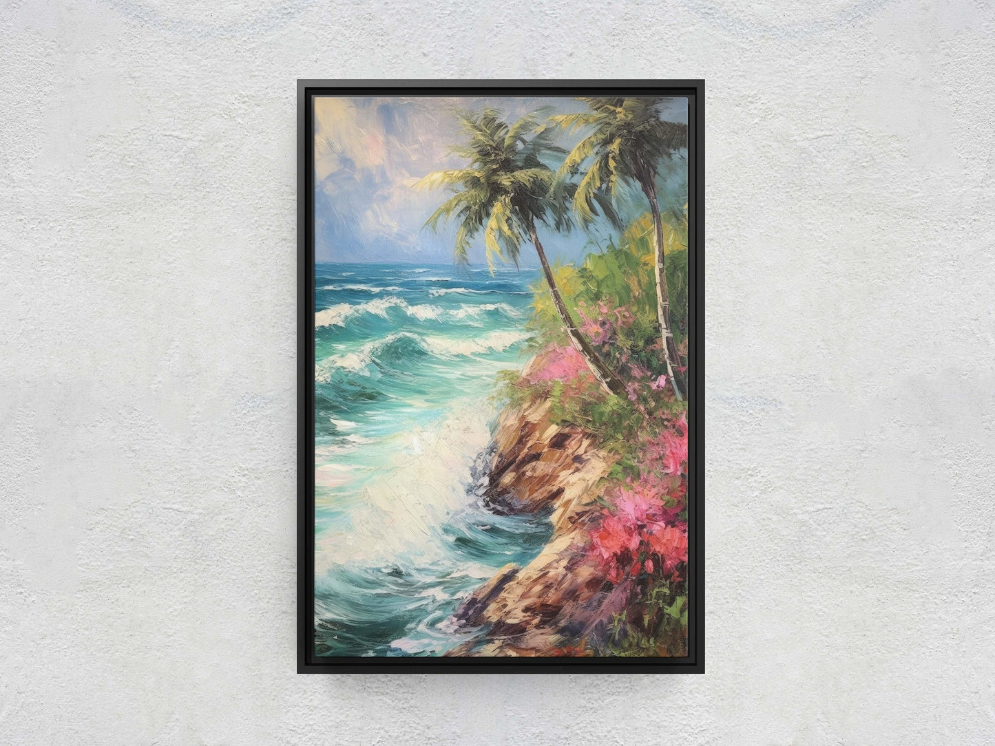 Stormy Beach on Canvas, Cliffside Waves, Flower Beach, Palm Trees, Tropical Vacation, Framed Canvas, Nature Decor, Portrait Canvas
