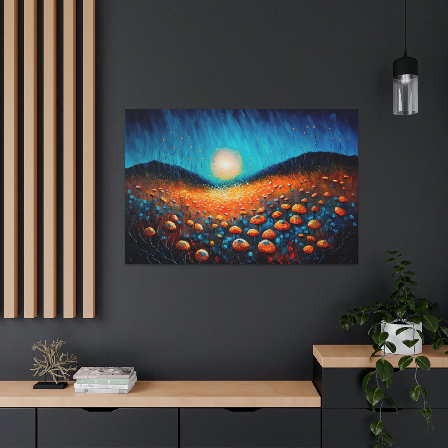 Fantasy Mushroom World Canvas Art Ready To Hang Large Print, Oil Painting, Colorful, Moon,