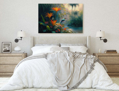Jungle Flower Bird Canvas Art Ready To Hang Large Print, Oil Painting, Landscape