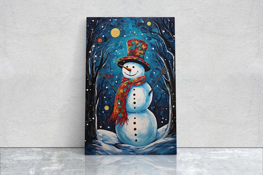 Starry Snowman, Colorful Snowman, Snowman Painting, Framed Canvas, Festive Decor, Christmas Print, Xmas Art, Winter Decor