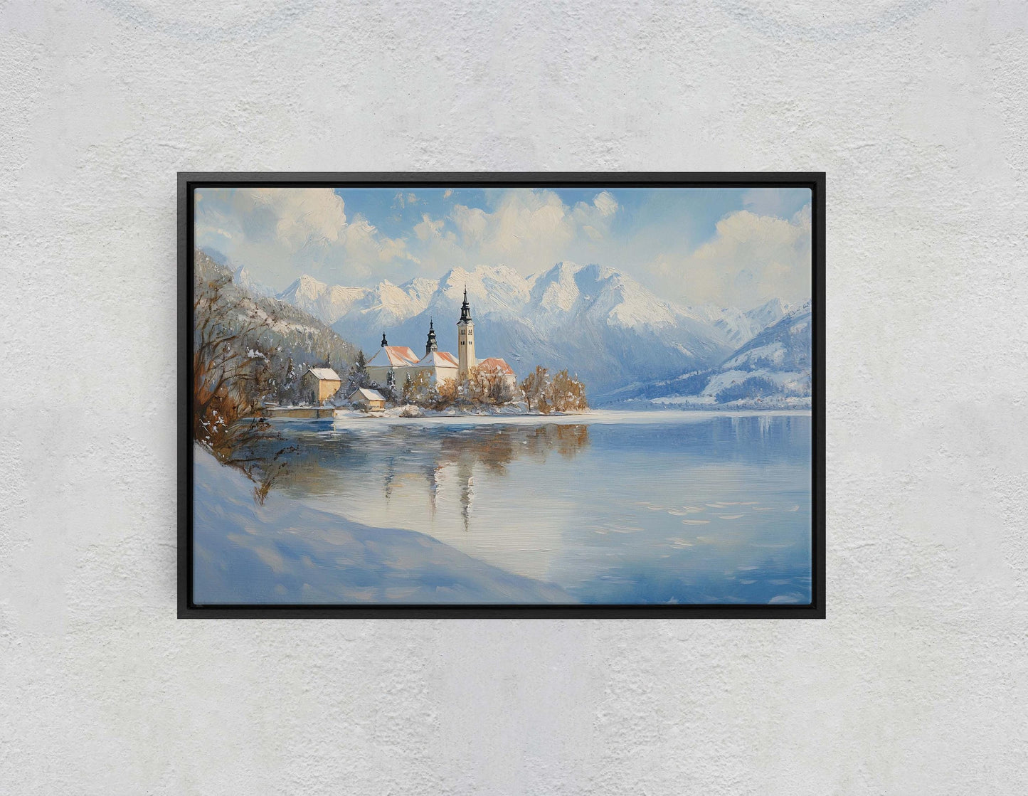 Lake Bled Painting, Slovenia Art, Scenic Art, Winter Lake