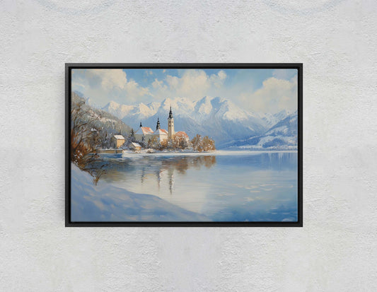 Lake Bled Painting, Slovenia Art, Scenic Art, Winter Lake