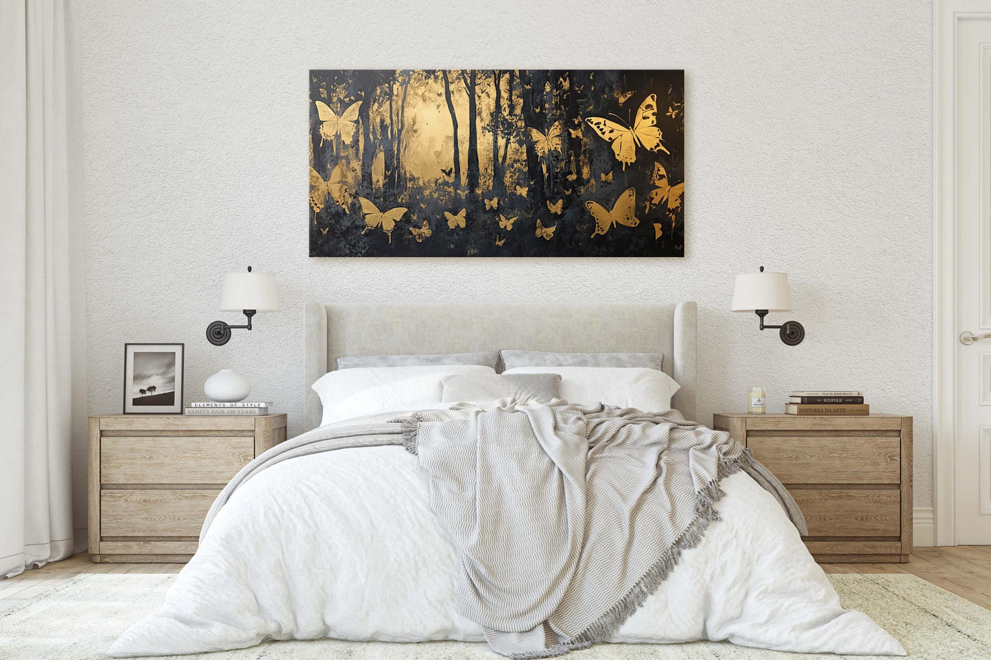 Butterfly Forest, Black and Gold Trees, Wide Canvas print, Modern Contemporary