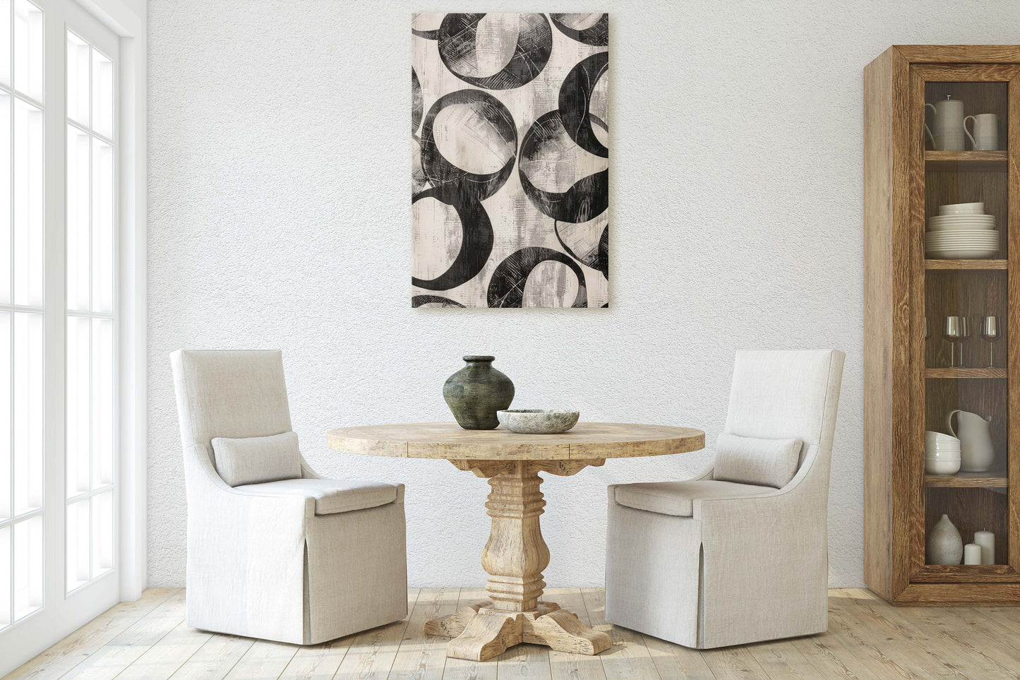 Wabi Sabi Artwork, Minimalist Circular, Neutral Tones, Black and White, Extra Large Print, Framed Canvas, Abstract, Texture