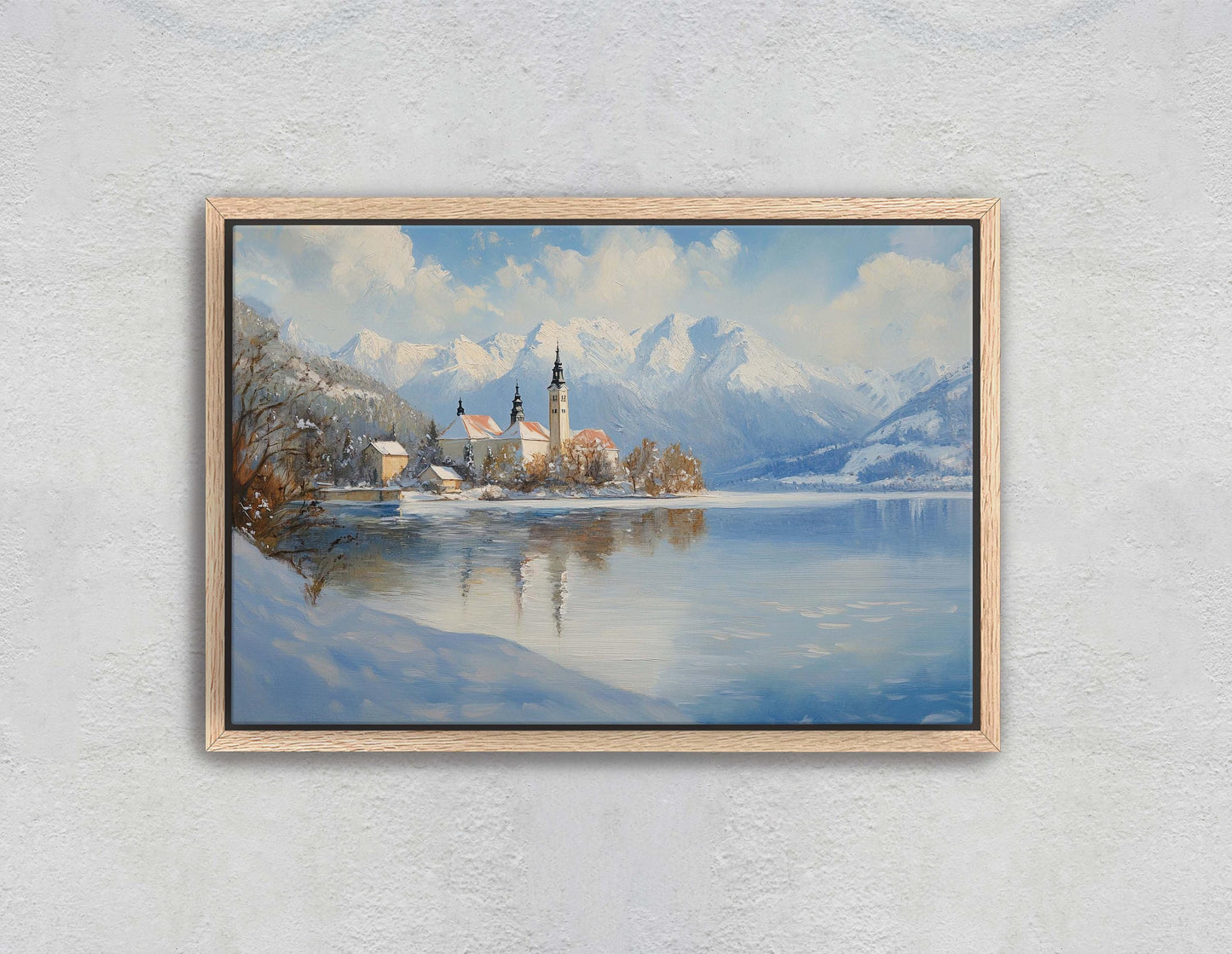 Lake Bled Painting, Slovenia Art, Scenic Art, Winter Lake