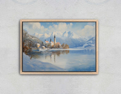 Lake Bled Painting, Slovenia Art, Scenic Art, Winter Lake