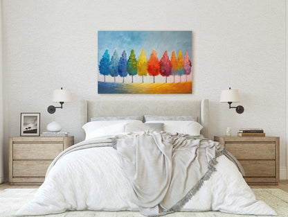 Seasons Painting, Pastel Trees, Rainbow Tree, Spring Summer, Fall Winter, Blue Tones, Colorful Vivid, Framed Canvas, Large Art Print