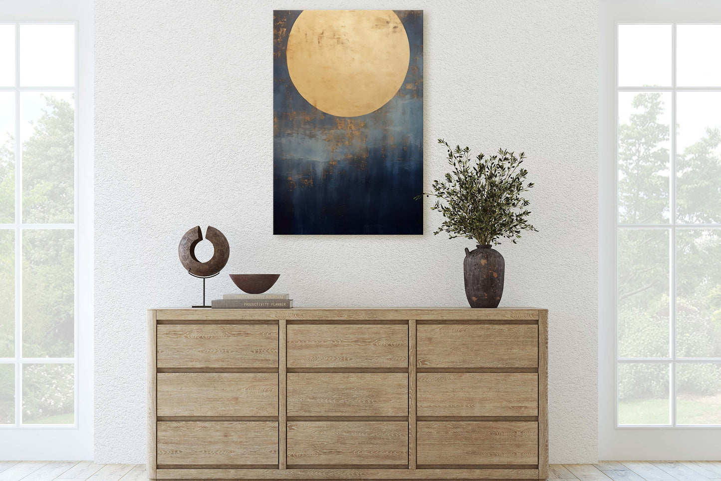 Gold Moon on Indigo, Moon Painting, Minimalist Art, Circle Indigo, Maximalist Art, Contemporary Decor, Celestial Art, Space Decor, Night Sky